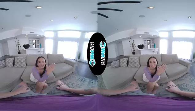 In VR porn, skinny brunette rides on a hard dick.